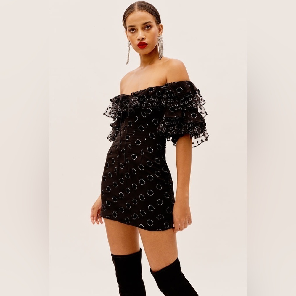 For Love & Lemons Mini Dress Off Shoulder Adella Party Dress in Black Polka Dot